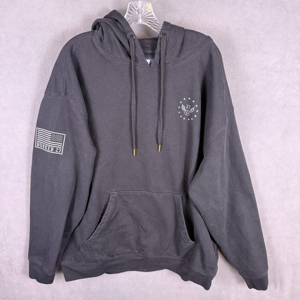 Bunker 27 Mens Hoodie Pullover Black Heavyweight Fleece Sweatshirt Freedom 2XL